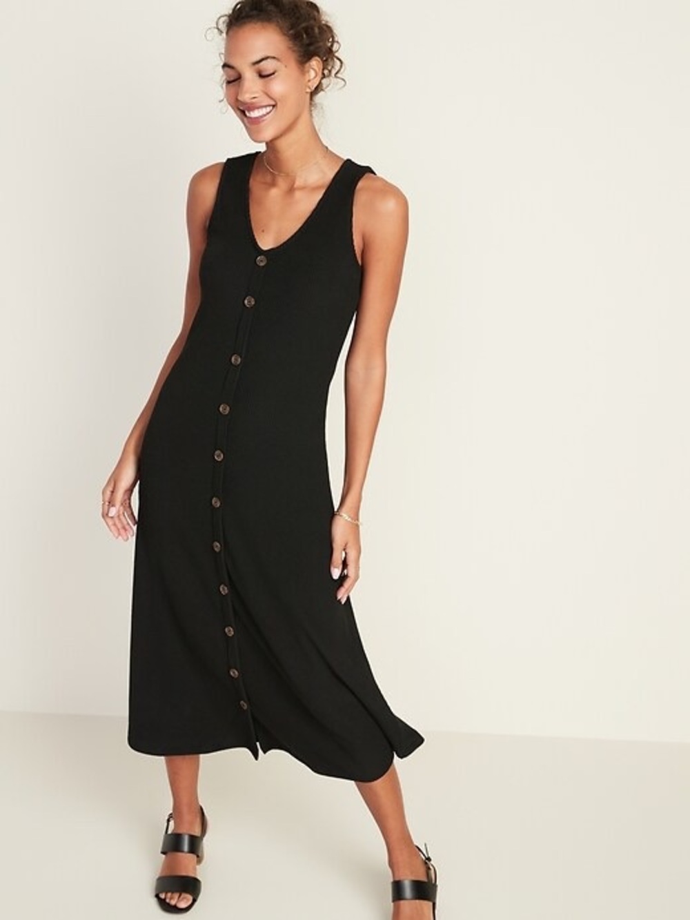 Sleeveless Button-Front Rib-Knit Midi